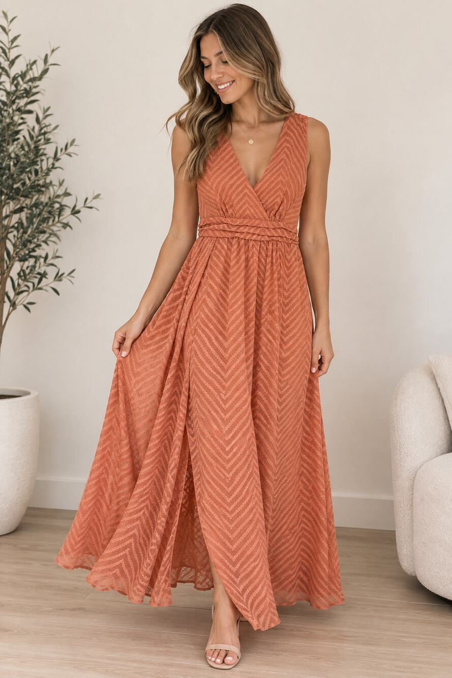 Cupshe Peach Chevron Textured Wrap Maxi Dress Sleeveless Size S NWT